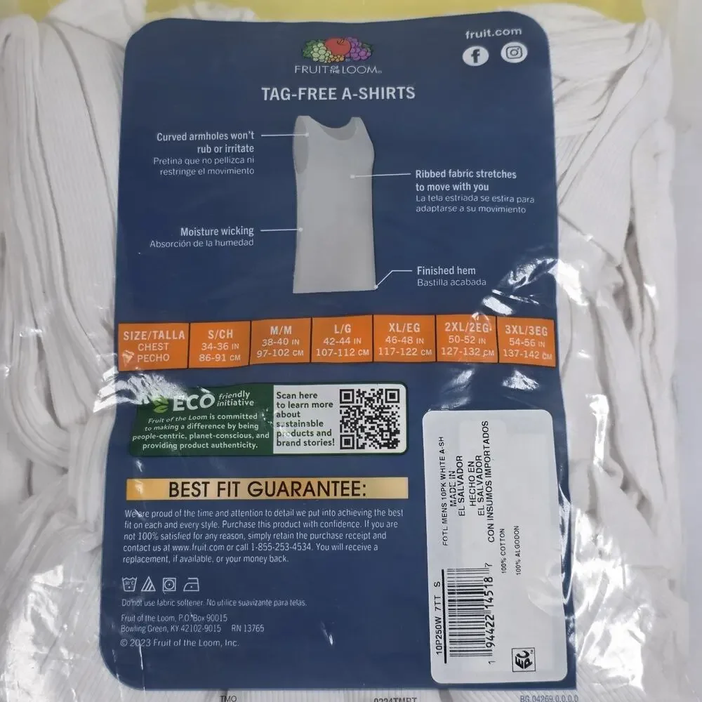 Fruit of the Loom White Ribbed Stretch Fabric A-Shirts 10 Shirts Tag Free